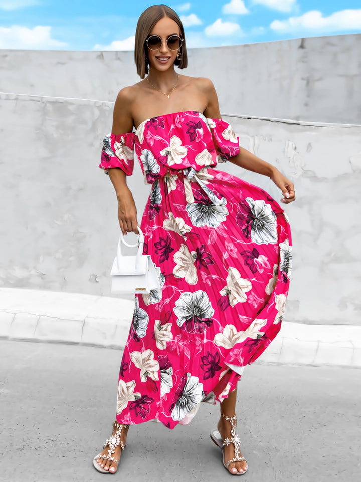 Pleated Floral Off-Shoulder Short Sleeve Midi Dress | Trendsi