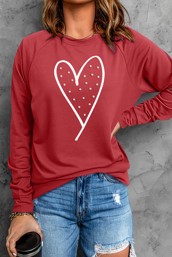 Heart Pearl Detail Round Neck Sweatshirt | Trendsi