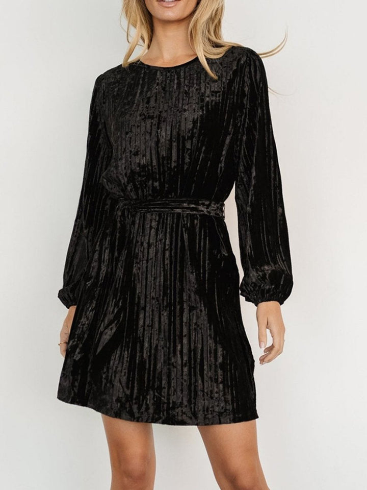 Velvet Round Neck Tie Waist Long Sleeve Mini Dress | Trendsi