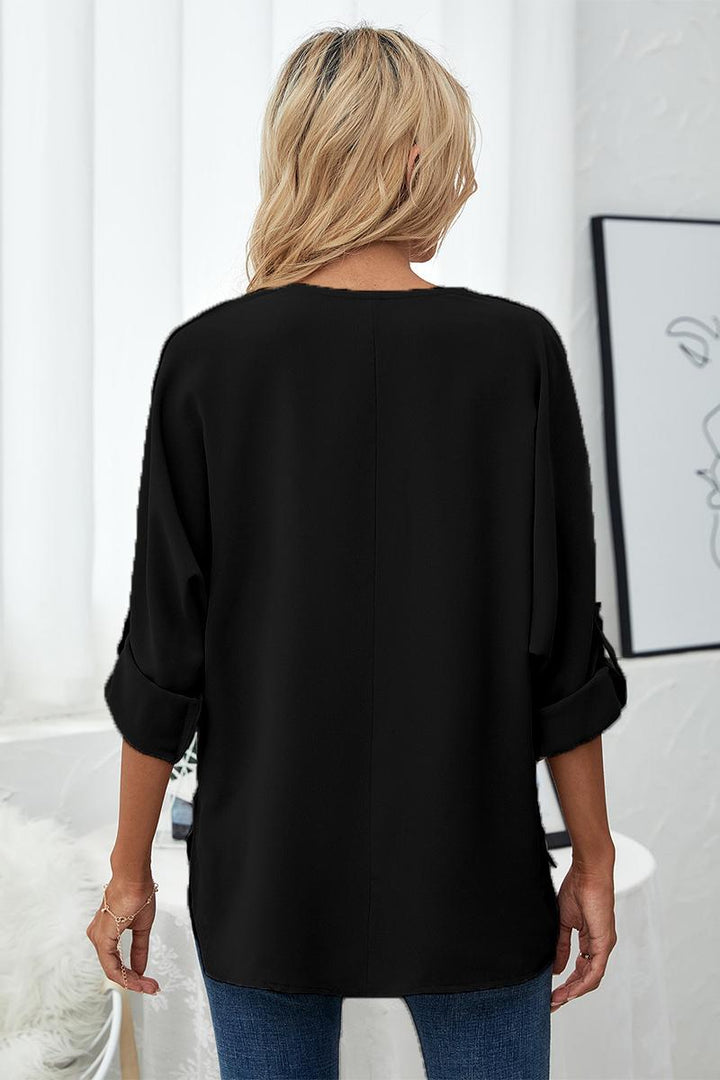 Roll-Tab Sleeve V-Neck Blouse | Trendsi