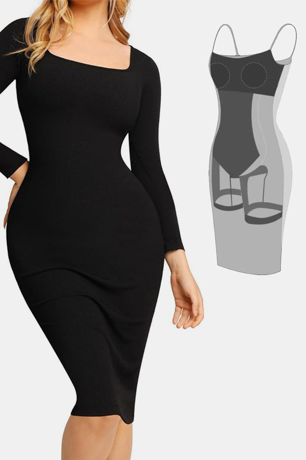 Basic Bae Full Size Built-In Shapewear Square Neck Long Sleeve Dress | Trendsi