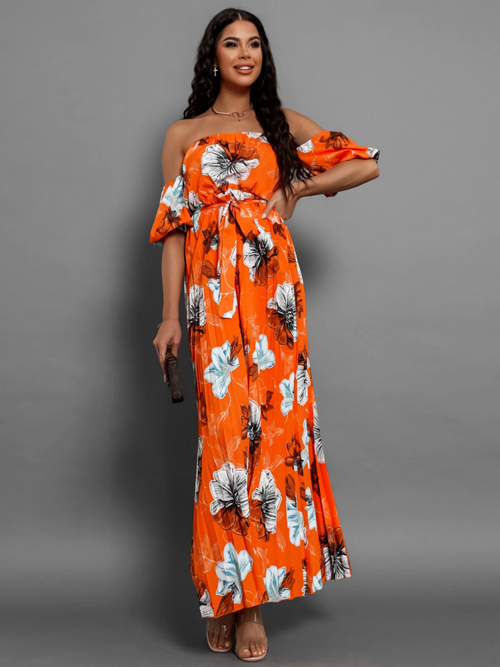 Pleated Floral Off-Shoulder Short Sleeve Midi Dress | Trendsi