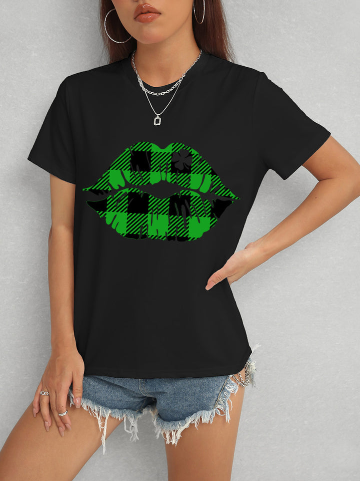 Plaid Lip Graphic Round Neck T-Shirt | Trendsi