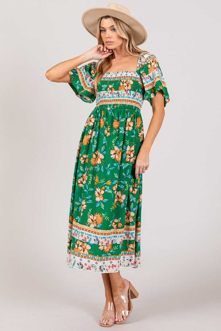 SAGE + FIG Printed Smocked Short Sleeve Midi Dress | Trendsi