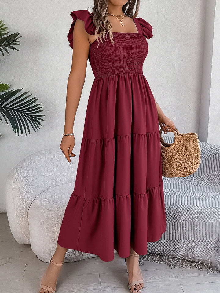 Smocked Square Neck Cap Sleeve Midi Dress | Trendsi