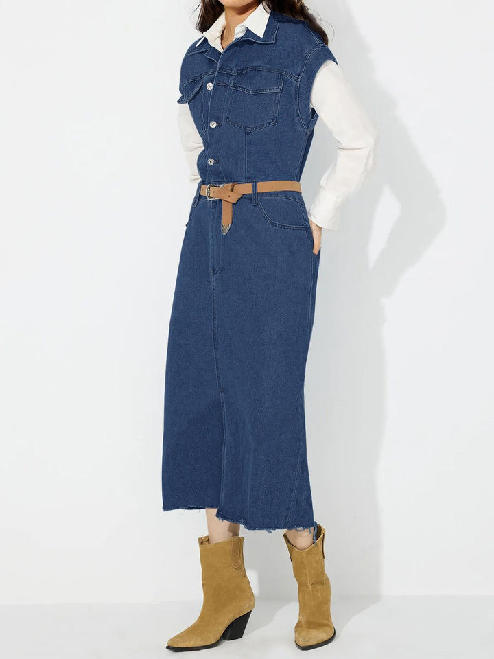 Slit Half Button Collared Neck Cap Sleeve Denim Dress | Trendsi