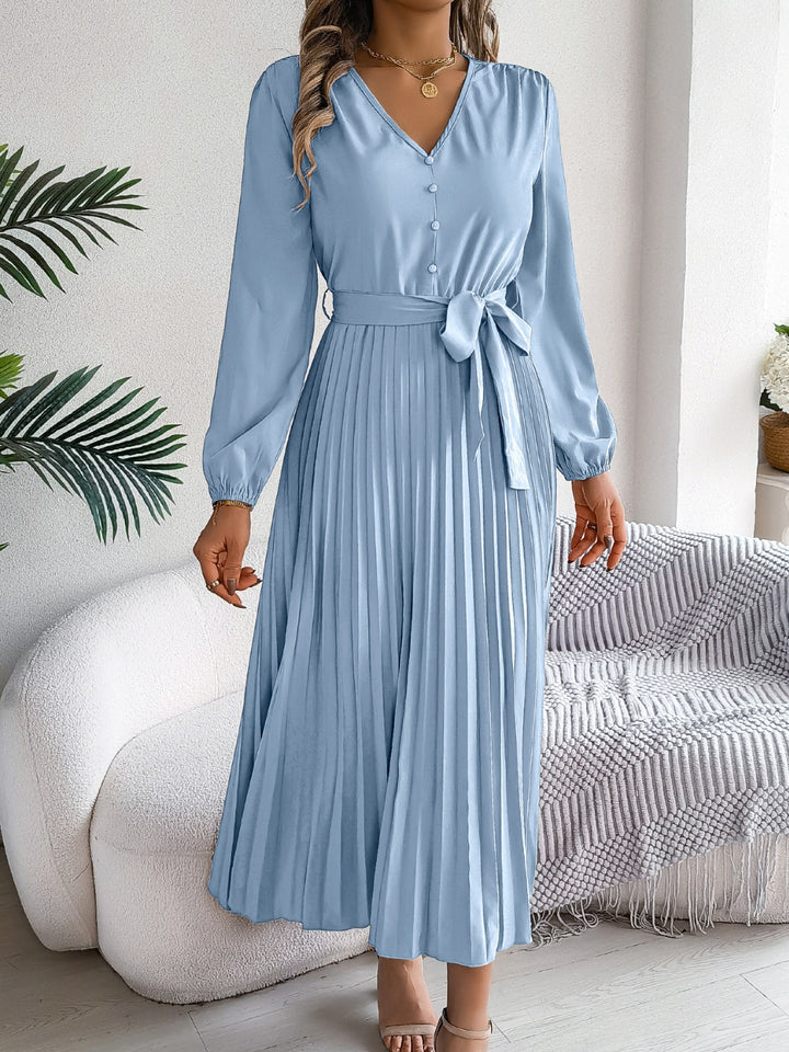 Pleated Tied V-Neck Long Sleeve Dress | Trendsi