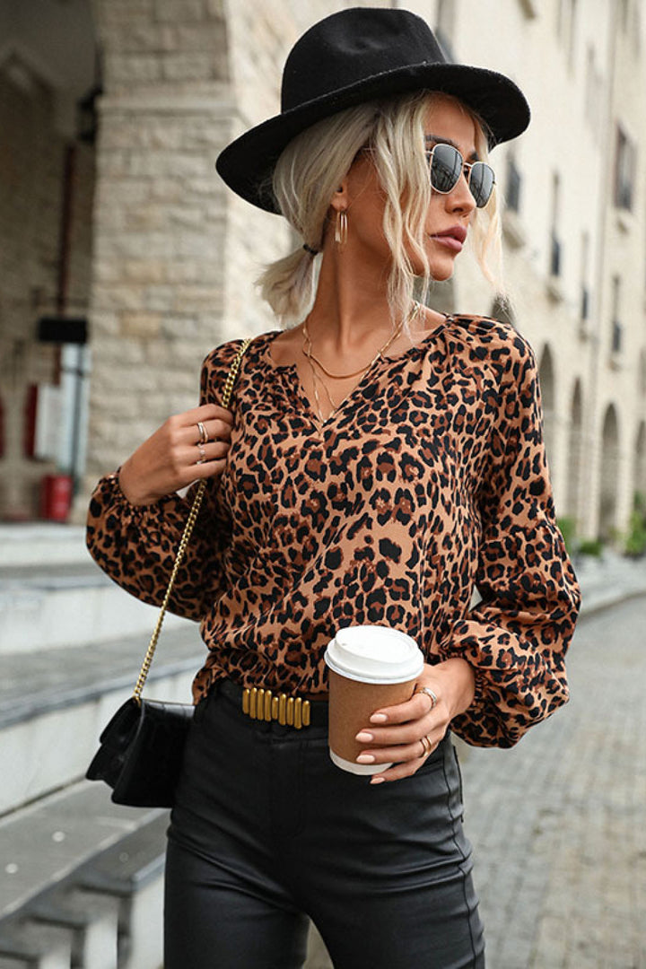 Perfee Leopard Lantern Sleeve Blouse | Trendsi