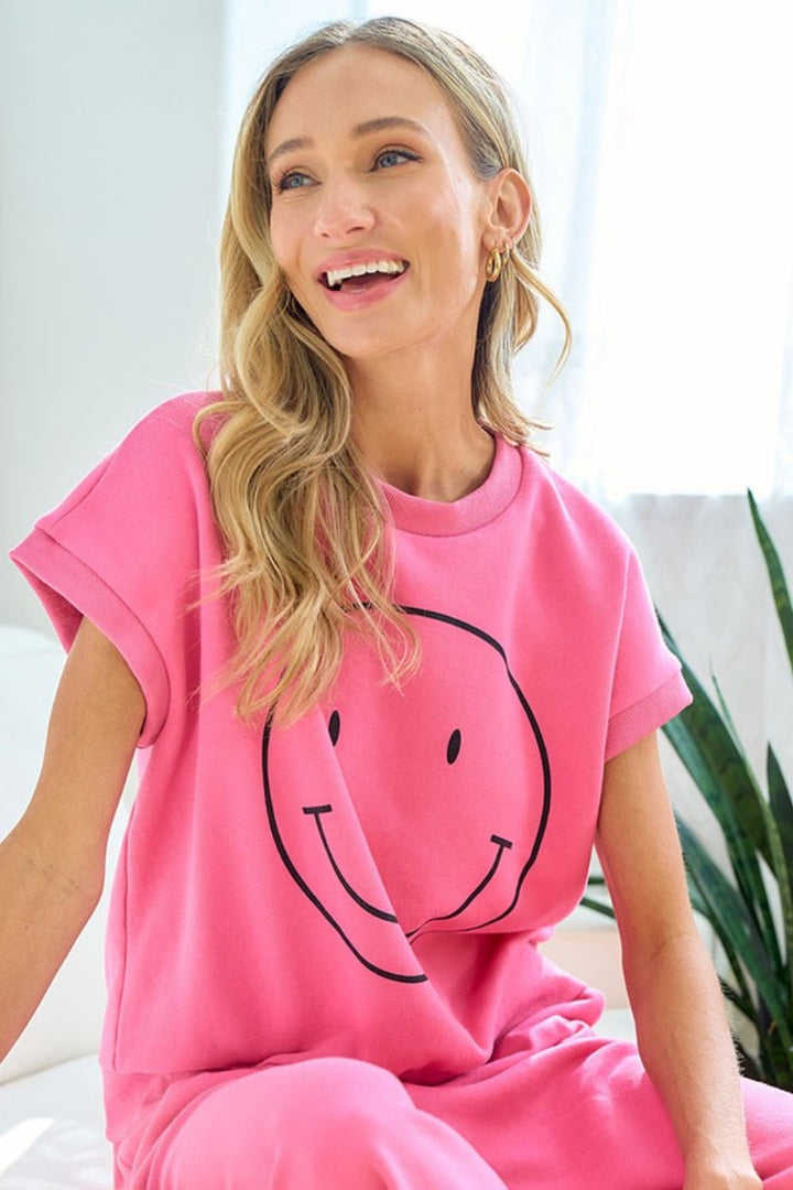 First Love Smile Face Drop Shoulder Brushed Inside T-Shirt | Trendsi