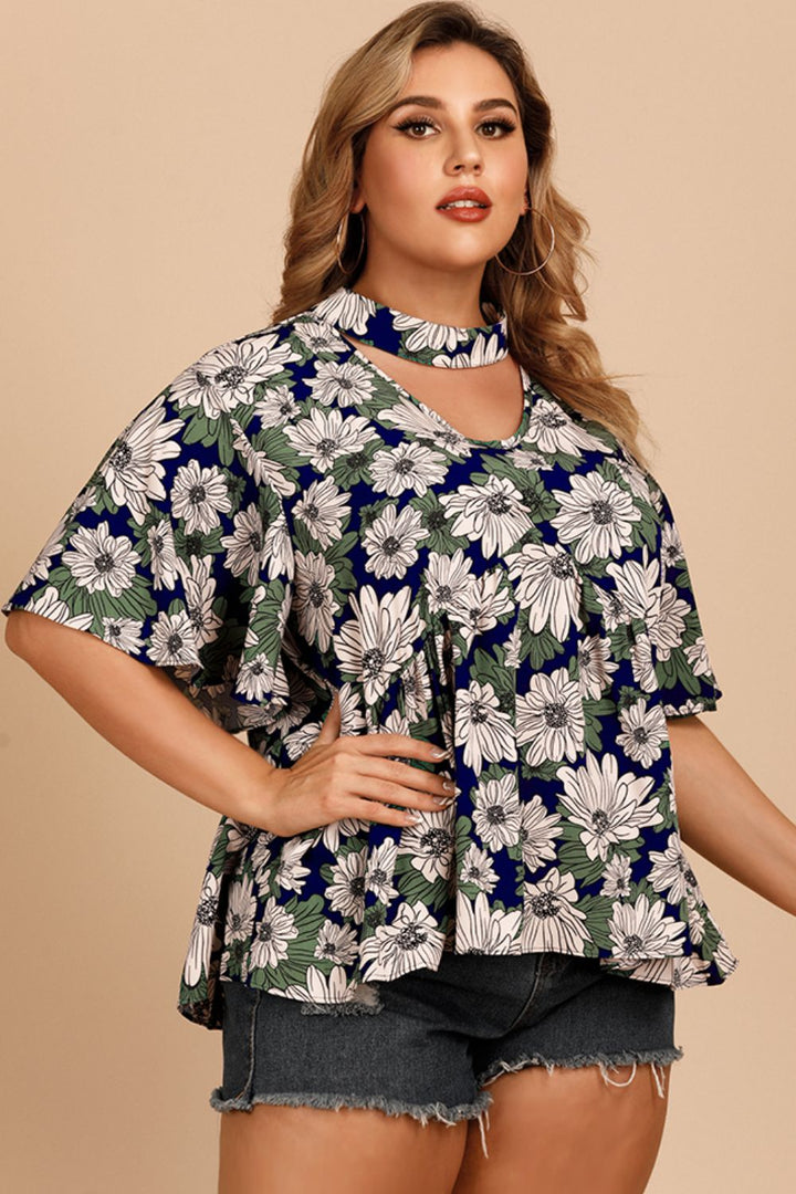 Plus Size Floral Flutter Sleeve Cutout Blouse | Trendsi