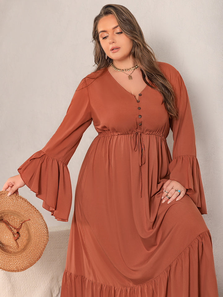 Plus Size V-Neck Flare Sleeve Maxi Dress | Trendsi