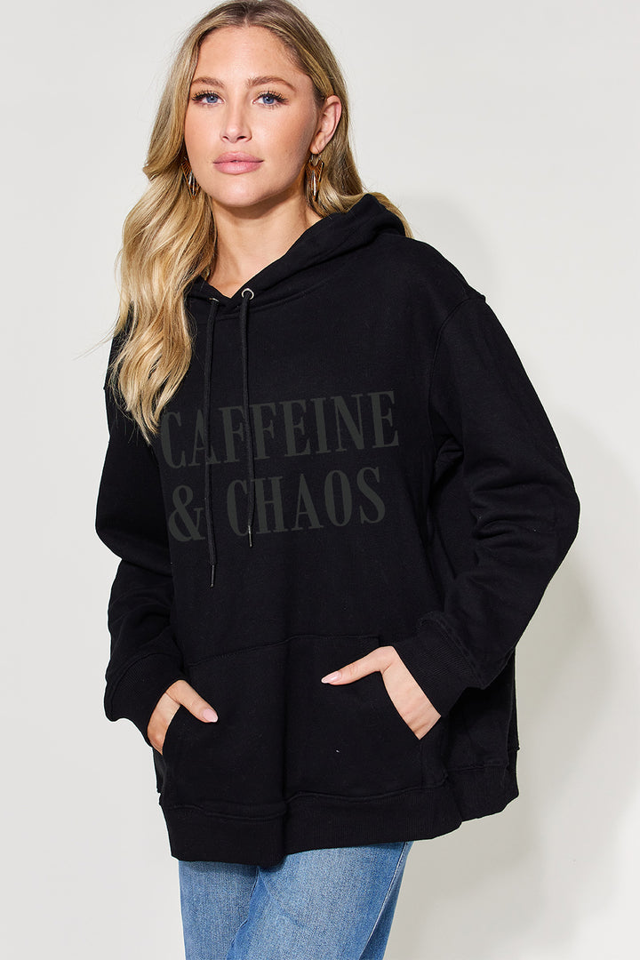 Simply Love Full Size CAFFEINE&CHAOS Graphic Drawstring Long Sleeve Hoodie | Trendsi