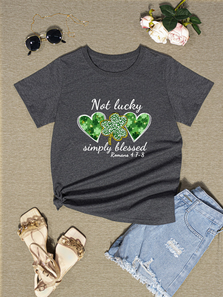 NOT LUCKY SIMPLY BLESSED Heart Round Neck T-Shirt | Trendsi