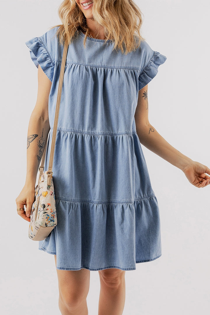 Ruffled Round Neck Cap Sleeve Denim Dress | Trendsi