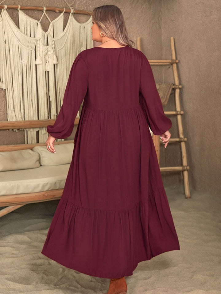 Plus Size Ruffled V-Neck Long Sleeve Dress | Trendsi