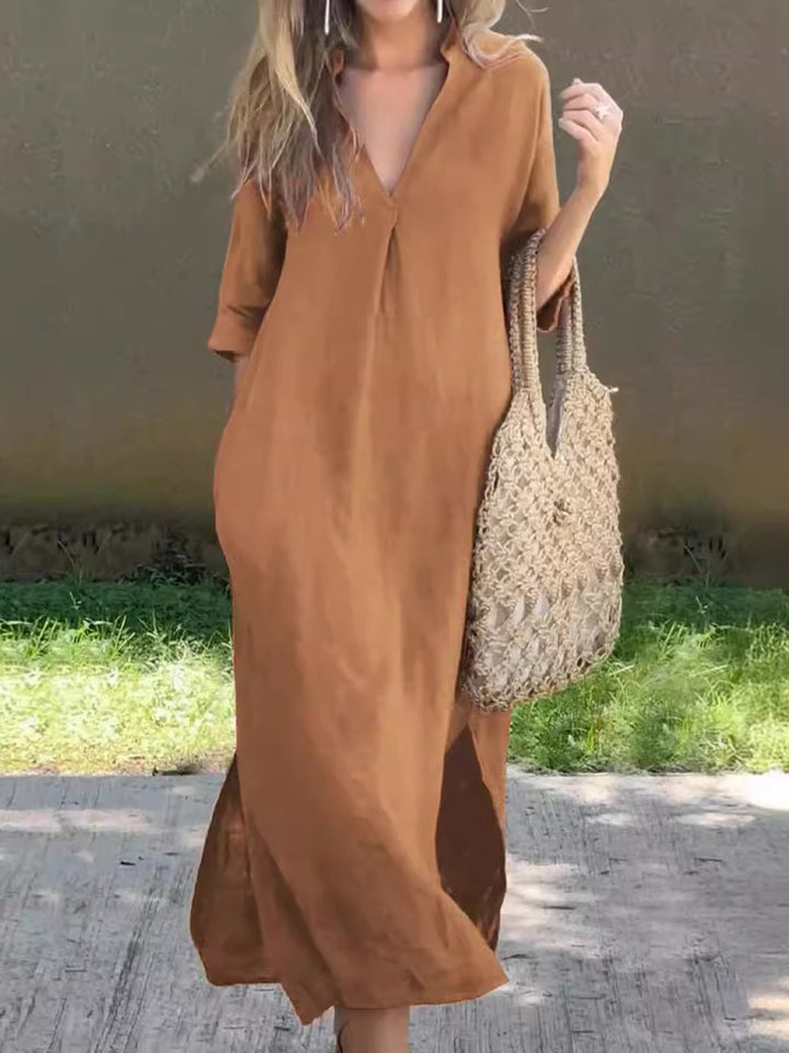 Full Size Notched Half Sleeve Midi Dress | Trendsi