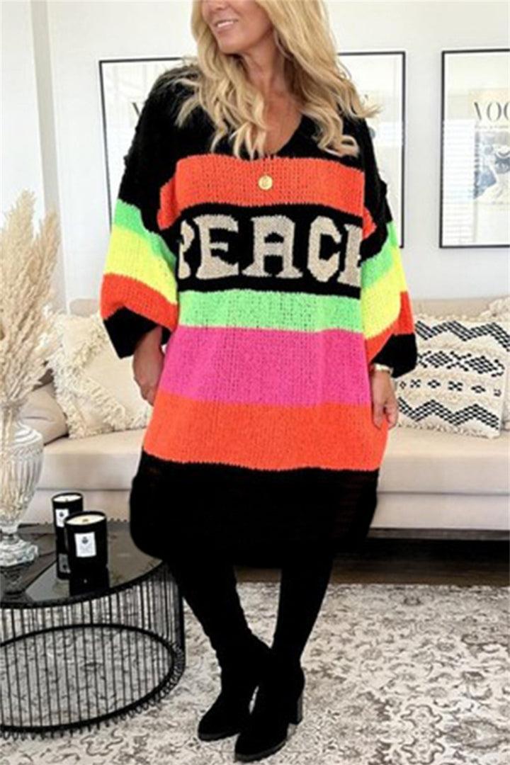 Color Block V-Neck Long Sleeve Sweater Dress | Trendsi