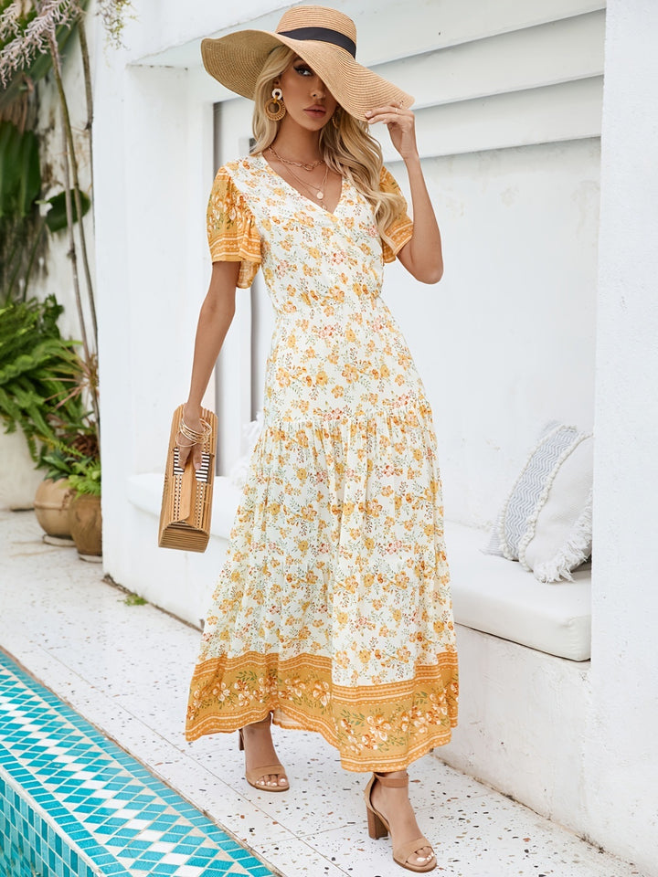 Printed Surplice Short Sleeve Maxi Dress | Trendsi