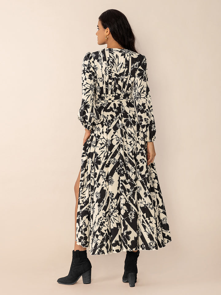 Tied Printed V-Neck Long Sleeve Midi Dress | Trendsi