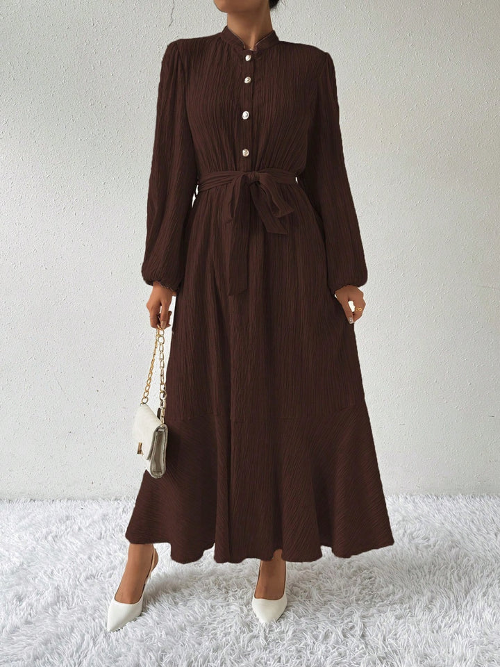 Half Button Tie Waist Long Sleeve Maxi Dress | Trendsi