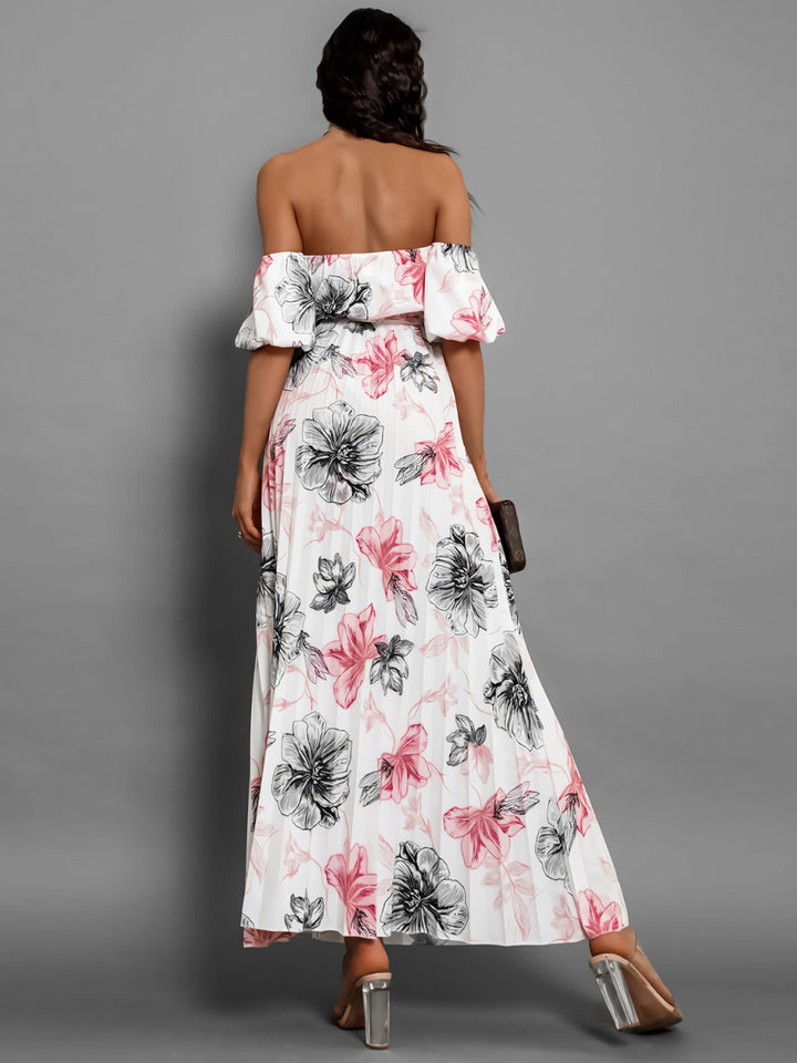 Pleated Floral Off-Shoulder Short Sleeve Midi Dress | Trendsi