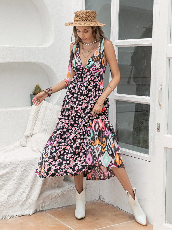 Printed Plunge Sleeveless Midi Dress | Trendsi