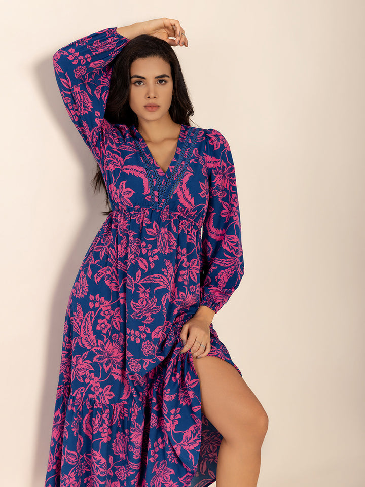 Printed V-Neck Long Sleeve Midi Dress | Trendsi