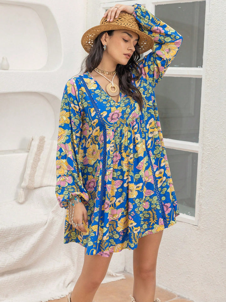 Printed V-Neck Balloon Sleeve Mini Dress | Trendsi