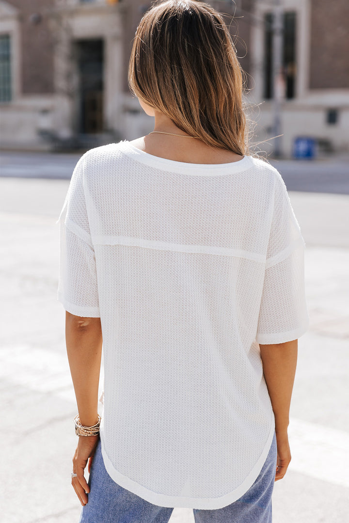 Waffle-Knit V-Neck Dropped Shoulder Blouse | Trendsi