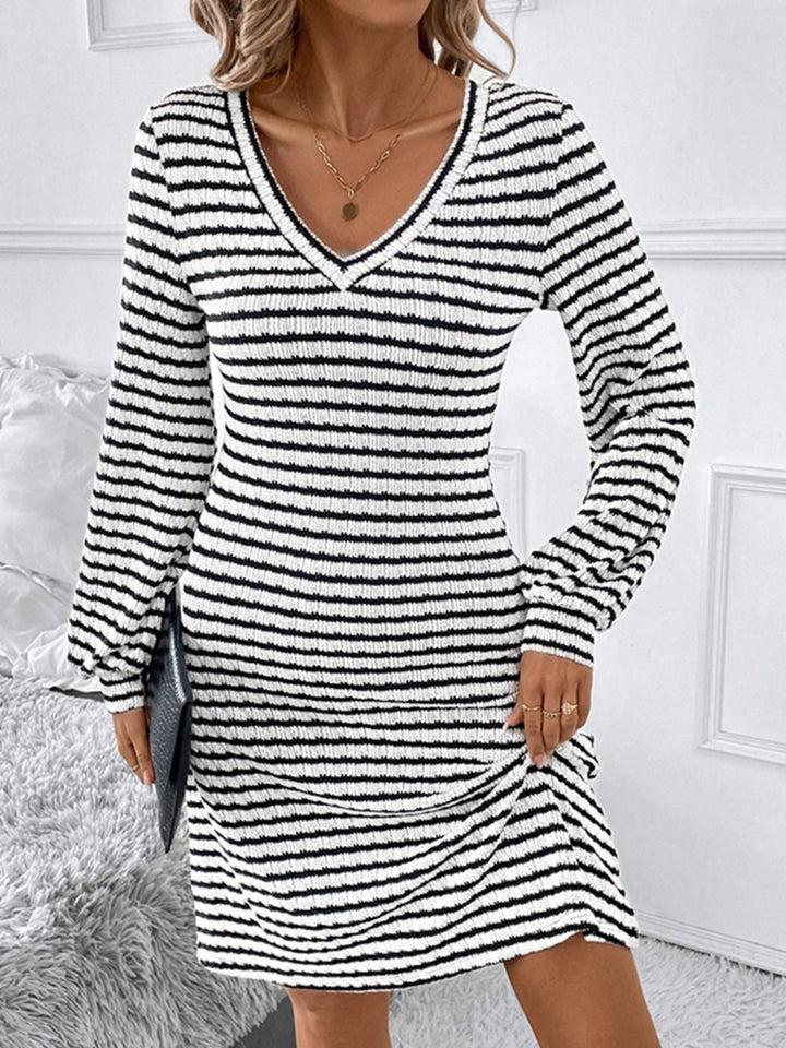 Striped V-Neck Long Sleeve Dress | Trendsi