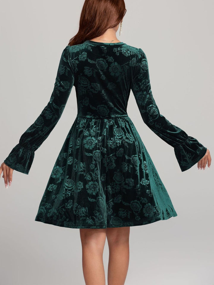 Tied Flower Print Round Neck Flounce Sleeve Dress | Trendsi