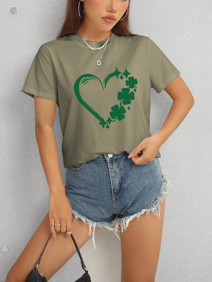 Heart Lucky Clover Round Neck Short Sleeve T-Shirt | Trendsi