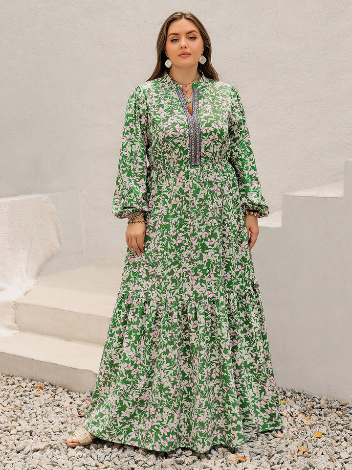 Plus Size Printed Notched Long Sleeve Maxi Dress | Trendsi