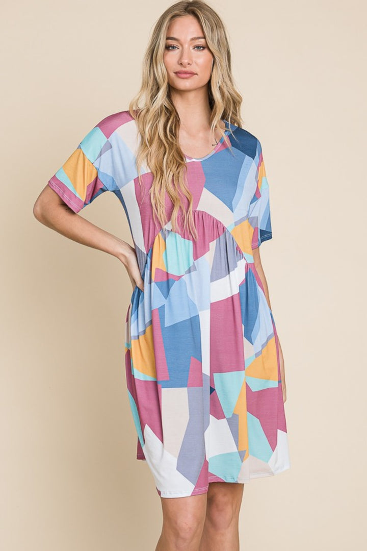 BOMBOM Ruched Color Block Short Sleeve Dress | Trendsi