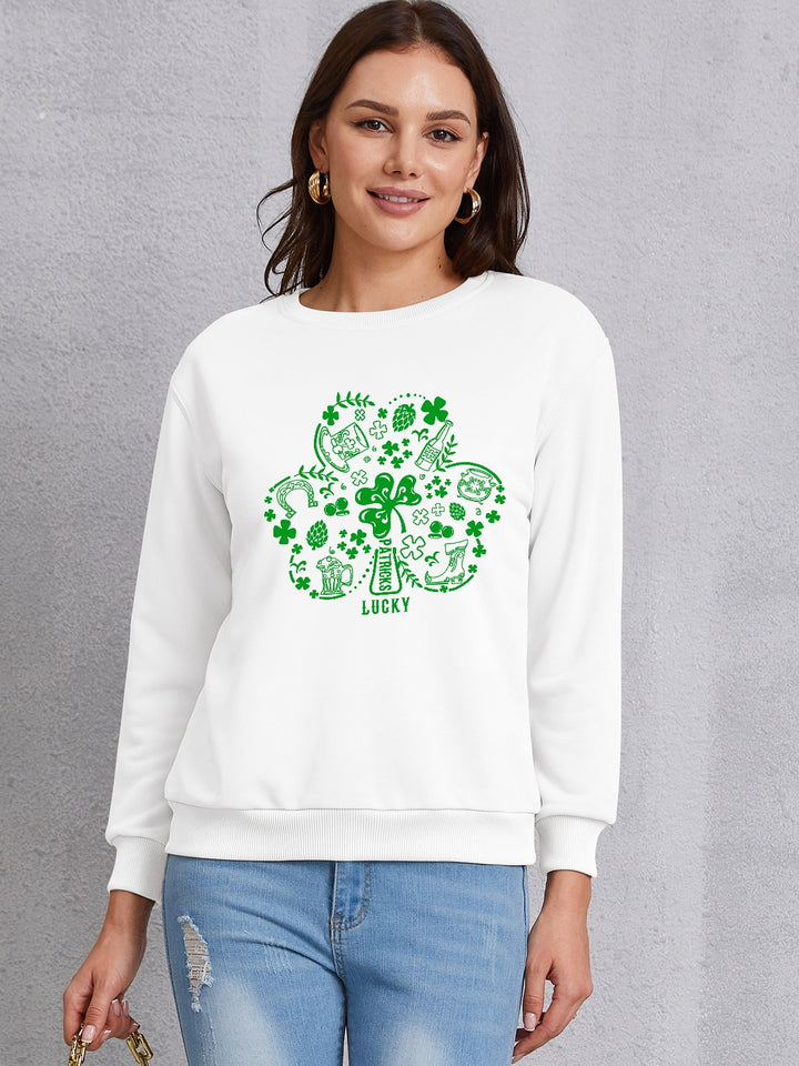 Lucky Clover Round Neck Sweatshirt | Trendsi