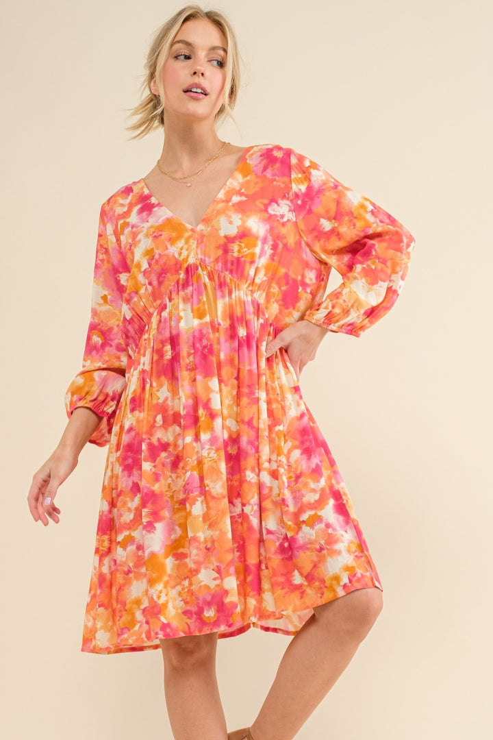 And The Why Full Size Printed Tie Back Long Sleeve Dress | Trendsi