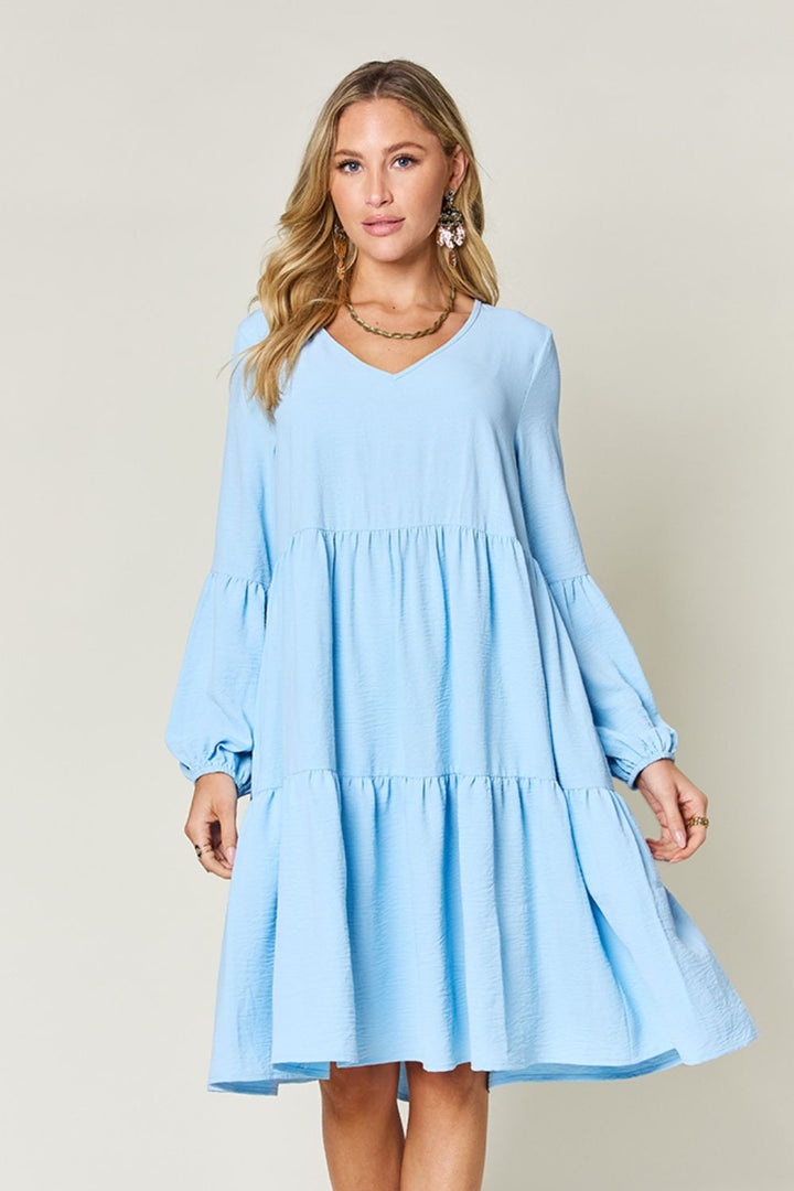 Double Take Full Size V-Neck Balloon Sleeve Tiered Dress | Trendsi