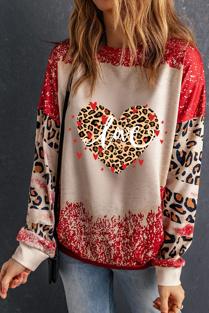 LOVE Heart Leopard Round Neck Sweatshirt | Trendsi