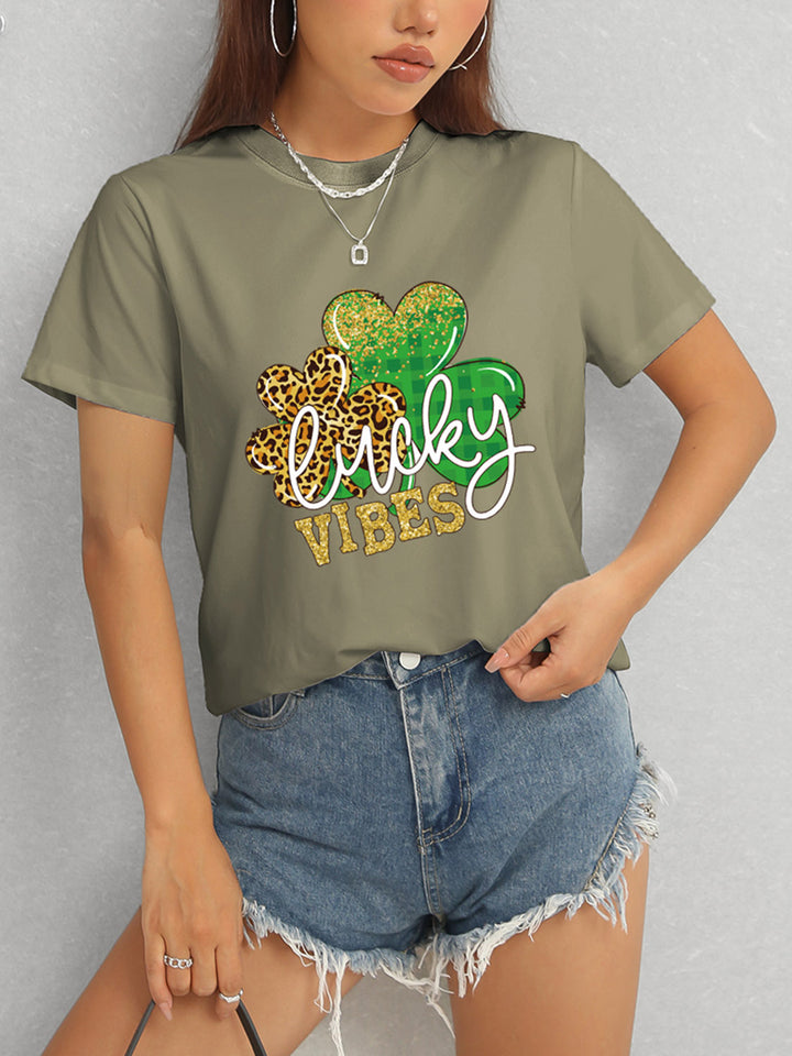 LUCKY VIBES Round Neck Short Sleeve T-Shirt | Trendsi