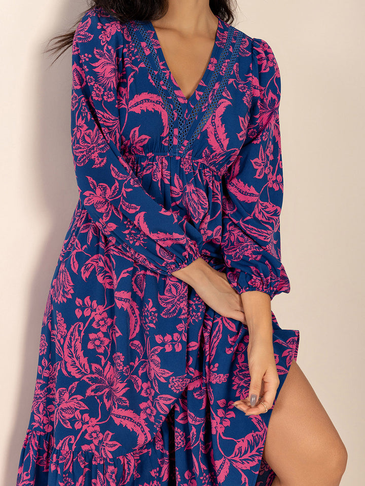 Printed V-Neck Long Sleeve Midi Dress | Trendsi