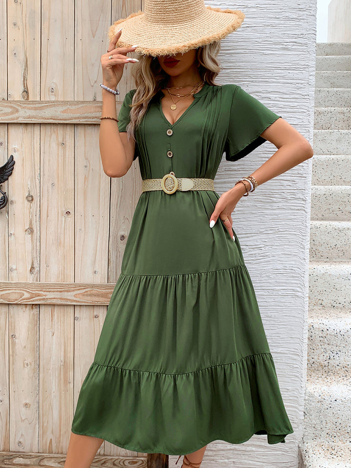 Tiered Notched Short Sleeve Midi Dress | Trendsi