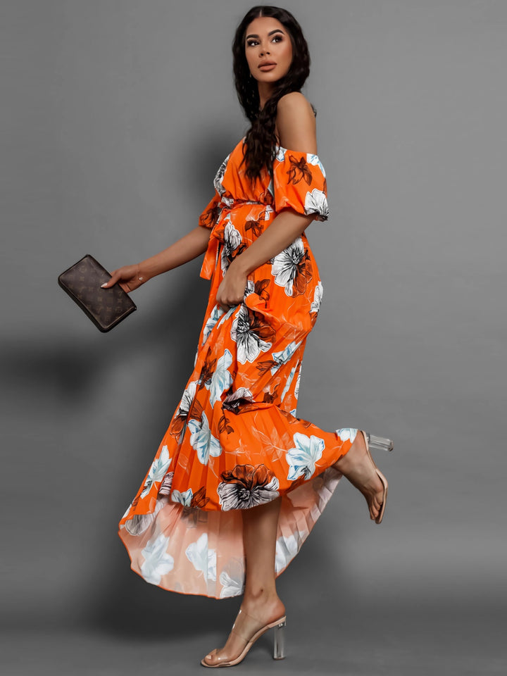 Pleated Floral Off-Shoulder Short Sleeve Midi Dress | Trendsi