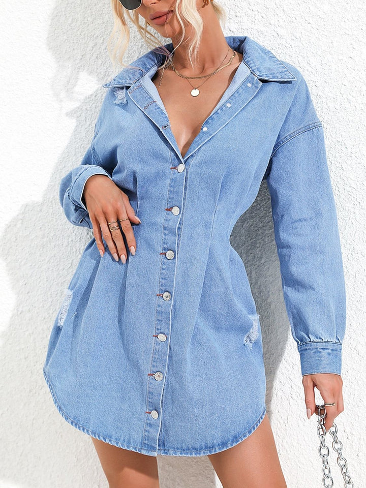 Distressed Button Up Long Sleeve Denim Dress | Trendsi