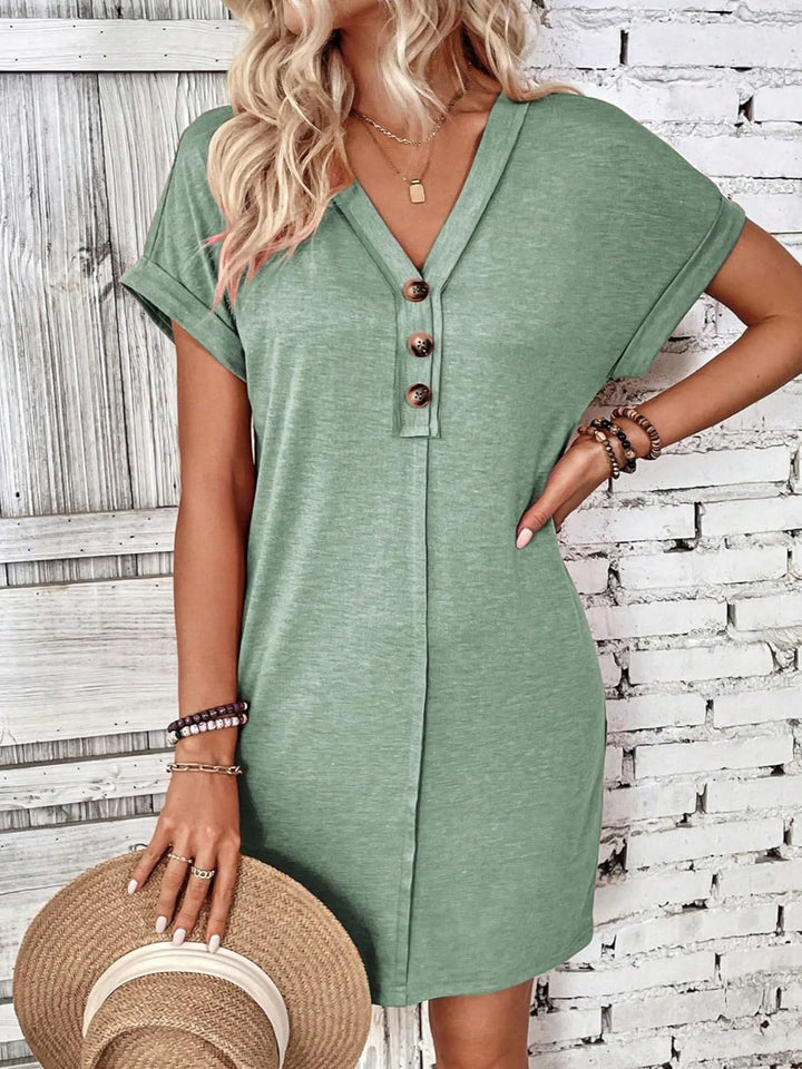 Quarter Button V-Neck Short Sleeve Dress | Trendsi