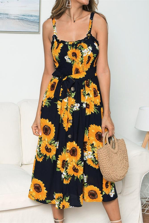 Smocked Sunflower Printed Sleeveless Cami Dress | Trendsi