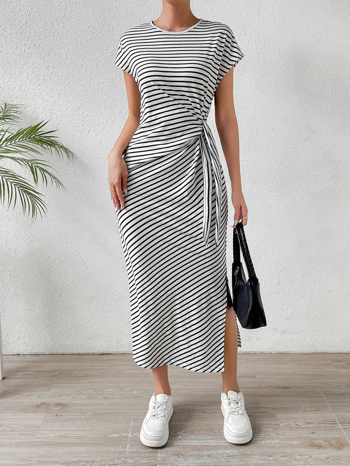 Tied Striped Round Neck Short Sleeve Tee Dress | Trendsi