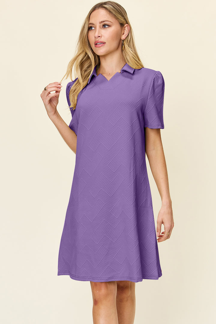 Double Take Full Size Texture Collared Neck Short Sleeve Dress | Trendsi