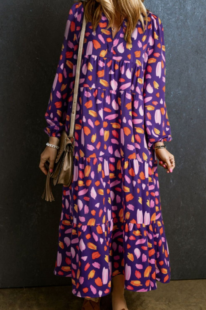 Printed Notched Long Sleeve Dress | Trendsi