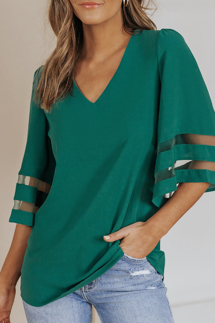 Sheer Striped Flare Sleeve V-Neck Blouse | Trendsi