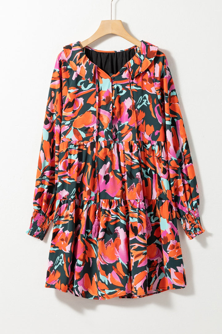 Printed Tie Neck Lantern Sleeve Mini Dress | Trendsi